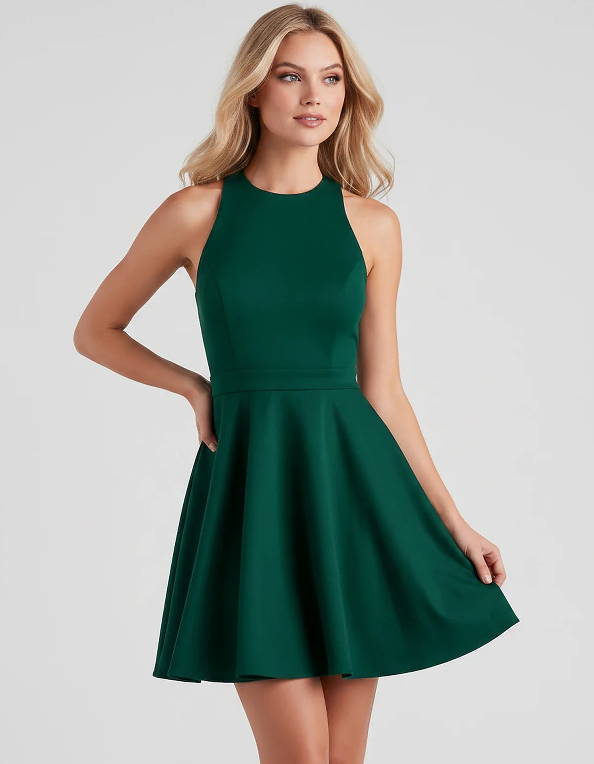Satin Sleeveless High Neck Fit and Flare Mini Dress with Open Back Bow for Homecoming, Party, Cocktail, Graduation & Wedding | SKU: VMD-583920174615284-GREEN-L,VMD-583920174615284-GREEN-M,VMD-583920174615284-GREEN-S,VMD-583920174615284-GREEN-XL,VMD-583920174615284-GREEN-XS