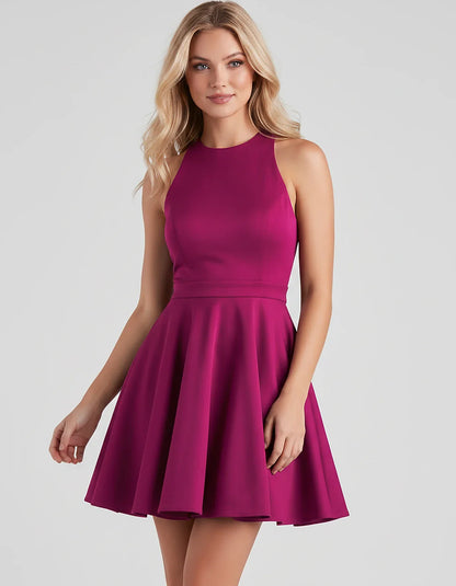 Satin Sleeveless High Neck Fit and Flare Mini Dress with Open Back Bow for Homecoming, Party, Cocktail, Graduation & Wedding | SKU: VMD-583920174615284-FUCHSIA-L,VMD-583920174615284-FUCHSIA-M,VMD-583920174615284-FUCHSIA-S,VMD-583920174615284-FUCHSIA-XL,VMD-583920174615284-FUCHSIA-XS