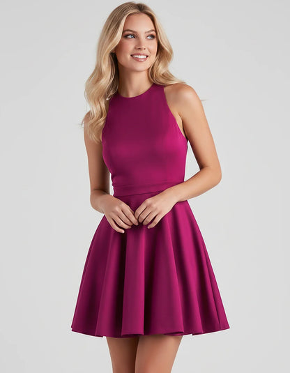 Satin Sleeveless High Neck Fit and Flare Mini Dress with Open Back Bow for Homecoming, Party, Cocktail, Graduation & Wedding | SKU: VMD-583920174615284-FUCHSIA-L,VMD-583920174615284-FUCHSIA-M,VMD-583920174615284-FUCHSIA-S,VMD-583920174615284-FUCHSIA-XL,VMD-583920174615284-FUCHSIA-XS