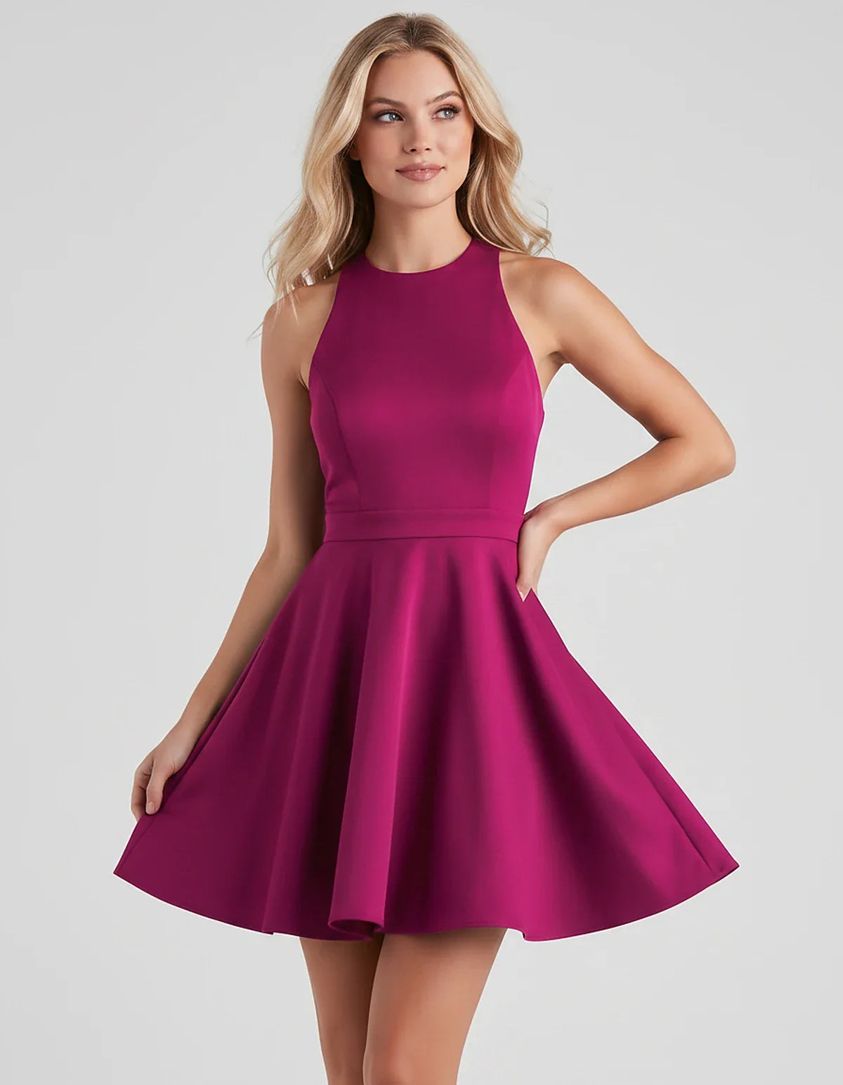 Satin Sleeveless High Neck Fit and Flare Mini Dress with Open Back Bow for Homecoming, Party, Cocktail, Graduation & Wedding | SKU: VMD-583920174615284-FUCHSIA-L,VMD-583920174615284-FUCHSIA-M,VMD-583920174615284-FUCHSIA-S,VMD-583920174615284-FUCHSIA-XL,VMD-583920174615284-FUCHSIA-XS