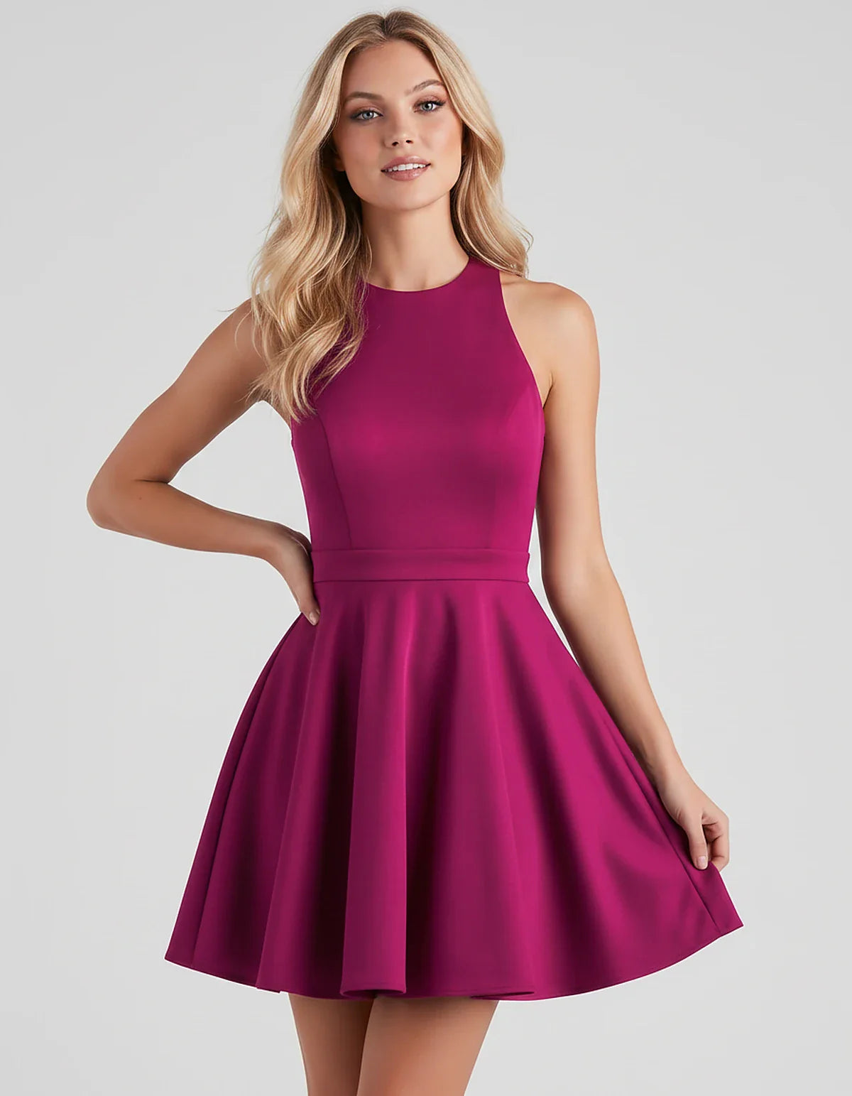 Satin Sleeveless High Neck Fit and Flare Mini Dress with Open Back Bow for Homecoming, Party, Cocktail, Graduation & Wedding | SKU: VMD-583920174615284-FUCHSIA-L,VMD-583920174615284-FUCHSIA-M,VMD-583920174615284-FUCHSIA-S,VMD-583920174615284-FUCHSIA-XL,VMD-583920174615284-FUCHSIA-XS