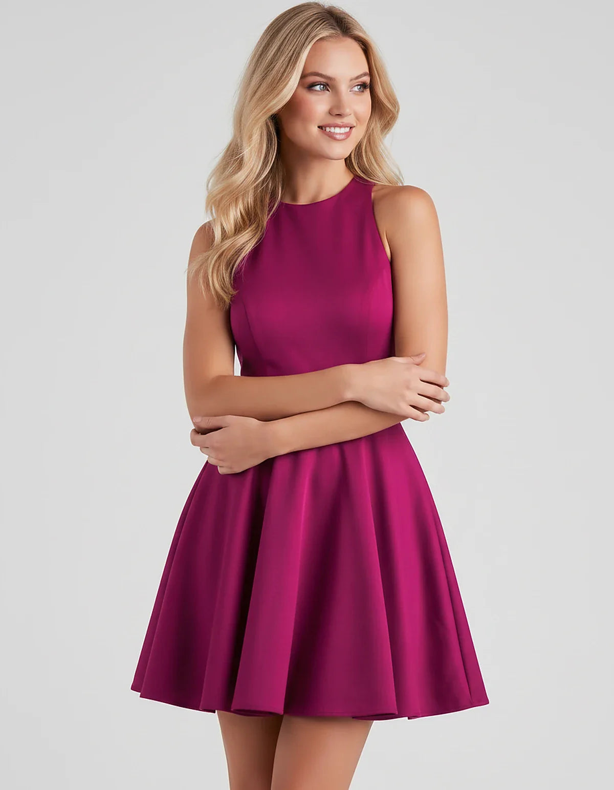 Satin Sleeveless High Neck Fit and Flare Mini Dress with Open Back Bow for Homecoming, Party, Cocktail, Graduation & Wedding | SKU: VMD-583920174615284-FUCHSIA-L,VMD-583920174615284-FUCHSIA-M,VMD-583920174615284-FUCHSIA-S,VMD-583920174615284-FUCHSIA-XL,VMD-583920174615284-FUCHSIA-XS