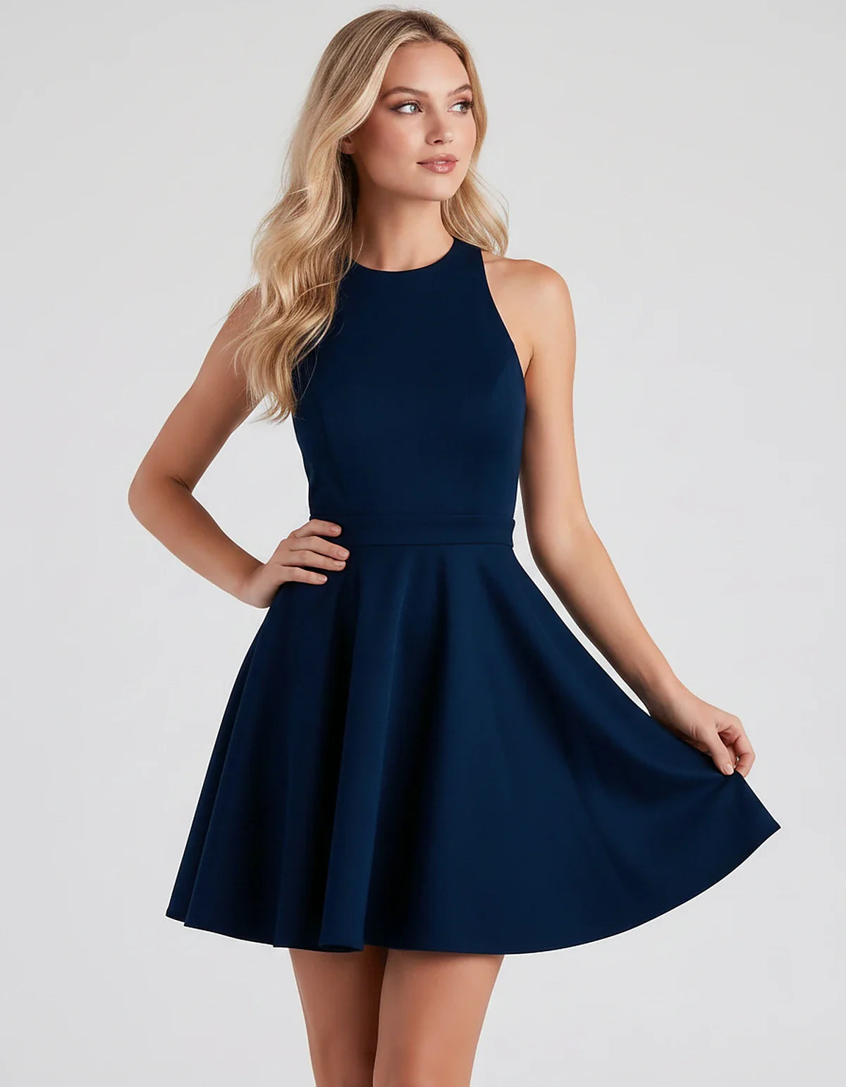 Satin Sleeveless High Neck Fit and Flare Mini Dress with Open Back Bow for Homecoming, Party, Cocktail, Graduation & Wedding | SKU: VMD-583920174615284-NAVY-L,VMD-583920174615284-NAVY-M,VMD-583920174615284-NAVY-S,VMD-583920174615284-NAVY-XL,VMD-583920174615284-NAVY-XS