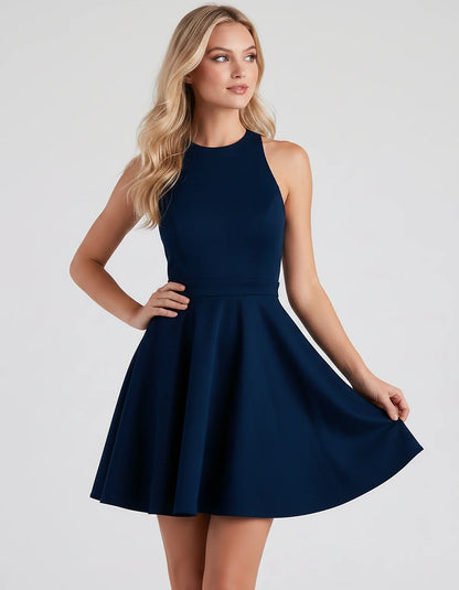 Satin Sleeveless High Neck Fit and Flare Mini Dress with Open Back Bow for Homecoming, Party, Cocktail, Graduation & Wedding | SKU: VMD-583920174615284-NAVY-L,VMD-583920174615284-NAVY-M,VMD-583920174615284-NAVY-S,VMD-583920174615284-NAVY-XL,VMD-583920174615284-NAVY-XS