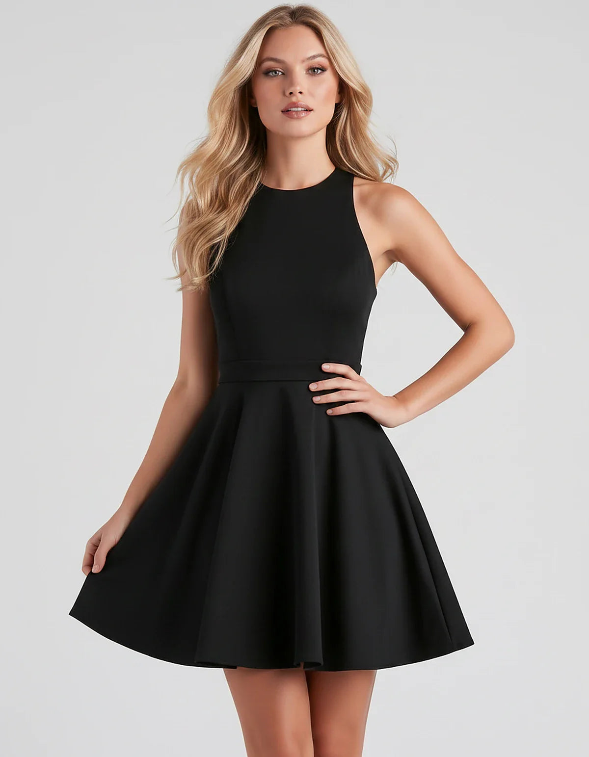 Satin Sleeveless High Neck Fit and Flare Mini Dress with Open Back Bow for Homecoming, Party, Cocktail, Graduation & Wedding | SKU: VMD-583920174615284-BLACK-L,VMD-583920174615284-BLACK-M,VMD-583920174615284-BLACK-S,VMD-583920174615284-BLACK-XL,VMD-583920174615284-BLACK-XS