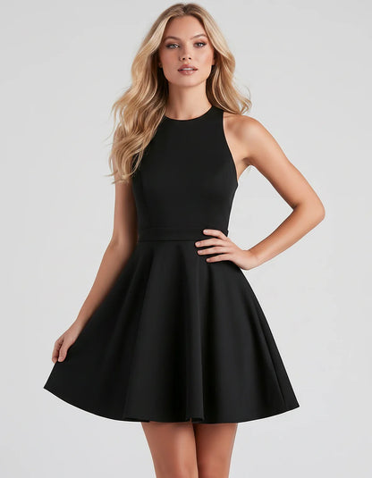 Satin Sleeveless High Neck Fit and Flare Mini Dress with Open Back Bow for Homecoming, Party, Cocktail, Graduation & Wedding | SKU: VMD-583920174615284-BLACK-L,VMD-583920174615284-BLACK-M,VMD-583920174615284-BLACK-S,VMD-583920174615284-BLACK-XL,VMD-583920174615284-BLACK-XS