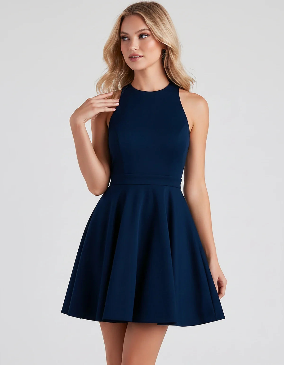 Satin Sleeveless High Neck Fit and Flare Mini Dress with Open Back Bow for Homecoming, Party, Cocktail, Graduation & Wedding | SKU: VMD-583920174615284-NAVY-L,VMD-583920174615284-NAVY-M,VMD-583920174615284-NAVY-S,VMD-583920174615284-NAVY-XL,VMD-583920174615284-NAVY-XS