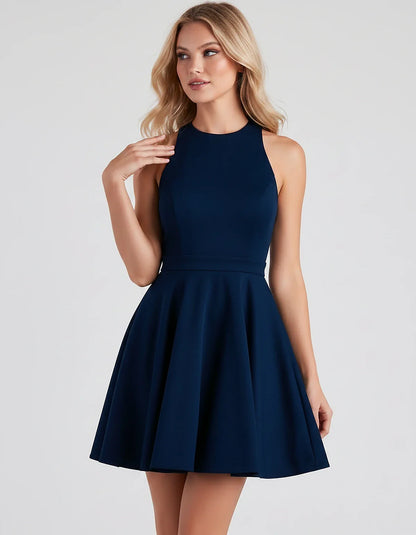 Satin Sleeveless High Neck Fit and Flare Mini Dress with Open Back Bow for Homecoming, Party, Cocktail, Graduation & Wedding | SKU: VMD-583920174615284-NAVY-L,VMD-583920174615284-NAVY-M,VMD-583920174615284-NAVY-S,VMD-583920174615284-NAVY-XL,VMD-583920174615284-NAVY-XS