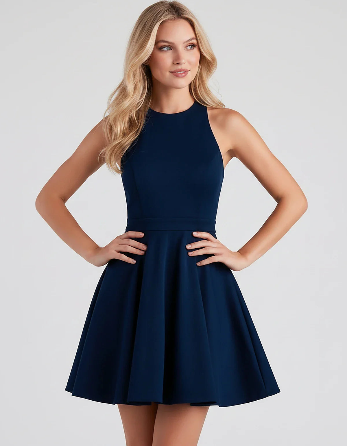 Satin Sleeveless High Neck Fit and Flare Mini Dress with Open Back Bow for Homecoming, Party, Cocktail, Graduation & Wedding | SKU: VMD-583920174615284-NAVY-L,VMD-583920174615284-NAVY-M,VMD-583920174615284-NAVY-S,VMD-583920174615284-NAVY-XL,VMD-583920174615284-NAVY-XS