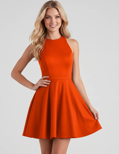 Satin Sleeveless High Neck Fit and Flare Mini Dress with Open Back Bow for Homecoming, Party, Cocktail, Graduation & Wedding | SKU: VMD-583920174615284-ORANGE-L,VMD-583920174615284-ORANGE-M,VMD-583920174615284-ORANGE-S,VMD-583920174615284-ORANGE-XL,VMD-583920174615284-ORANGE-XS