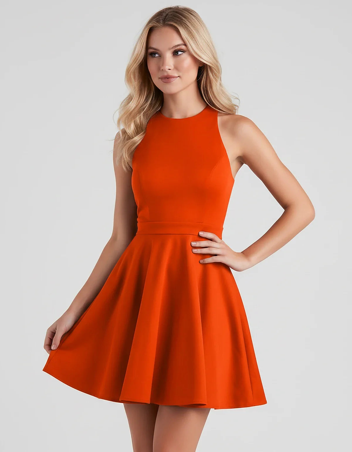 Satin Sleeveless High Neck Fit and Flare Mini Dress with Open Back Bow for Homecoming, Party, Cocktail, Graduation & Wedding | SKU: VMD-583920174615284-ORANGE-L,VMD-583920174615284-ORANGE-M,VMD-583920174615284-ORANGE-S,VMD-583920174615284-ORANGE-XL,VMD-583920174615284-ORANGE-XS