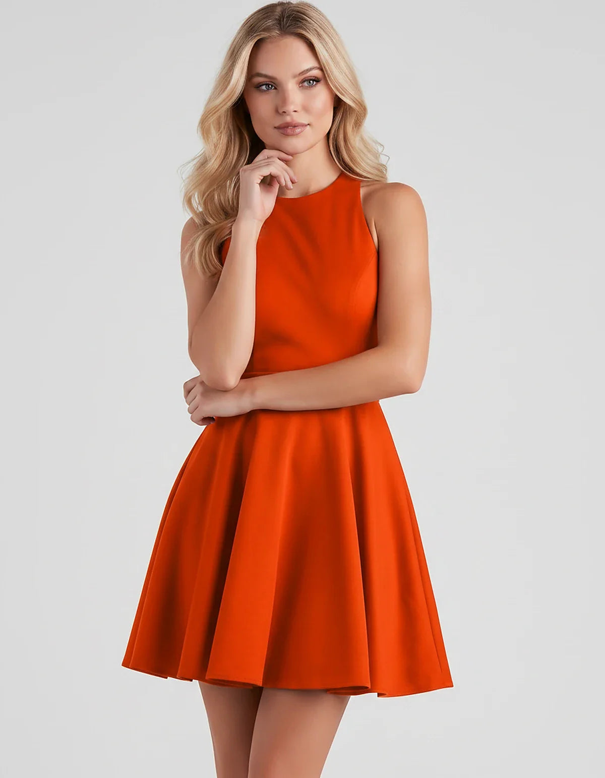 Satin Sleeveless High Neck Fit and Flare Mini Dress with Open Back Bow for Homecoming, Party, Cocktail, Graduation & Wedding | SKU: VMD-583920174615284-ORANGE-L,VMD-583920174615284-ORANGE-M,VMD-583920174615284-ORANGE-S,VMD-583920174615284-ORANGE-XL,VMD-583920174615284-ORANGE-XS