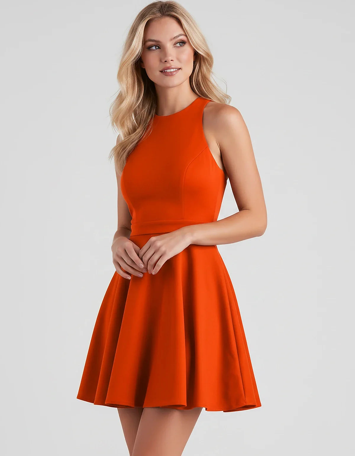 Satin Sleeveless High Neck Fit and Flare Mini Dress with Open Back Bow for Homecoming, Party, Cocktail, Graduation & Wedding | SKU: VMD-583920174615284-ORANGE-L,VMD-583920174615284-ORANGE-M,VMD-583920174615284-ORANGE-S,VMD-583920174615284-ORANGE-XL,VMD-583920174615284-ORANGE-XS