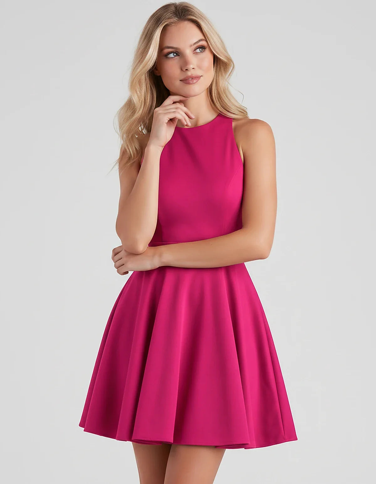 Satin Sleeveless High Neck Fit and Flare Mini Dress with Open Back Bow for Homecoming, Party, Cocktail, Graduation & Wedding | SKU: VMD-583920174615284-HOTPINK-L,VMD-583920174615284-HOTPINK-M,VMD-583920174615284-HOTPINK-S,VMD-583920174615284-HOTPINK-XL,VMD-583920174615284-HOTPINK-XS