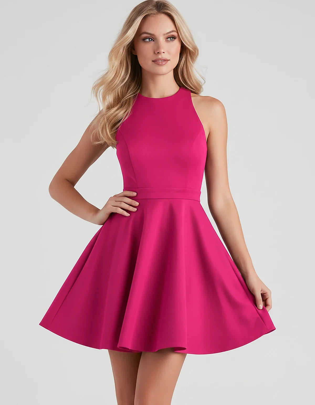 Satin Sleeveless High Neck Fit and Flare Mini Dress with Open Back Bow for Homecoming, Party, Cocktail, Graduation & Wedding | SKU: VMD-583920174615284-HOTPINK-L,VMD-583920174615284-HOTPINK-M,VMD-583920174615284-HOTPINK-S,VMD-583920174615284-HOTPINK-XL,VMD-583920174615284-HOTPINK-XS