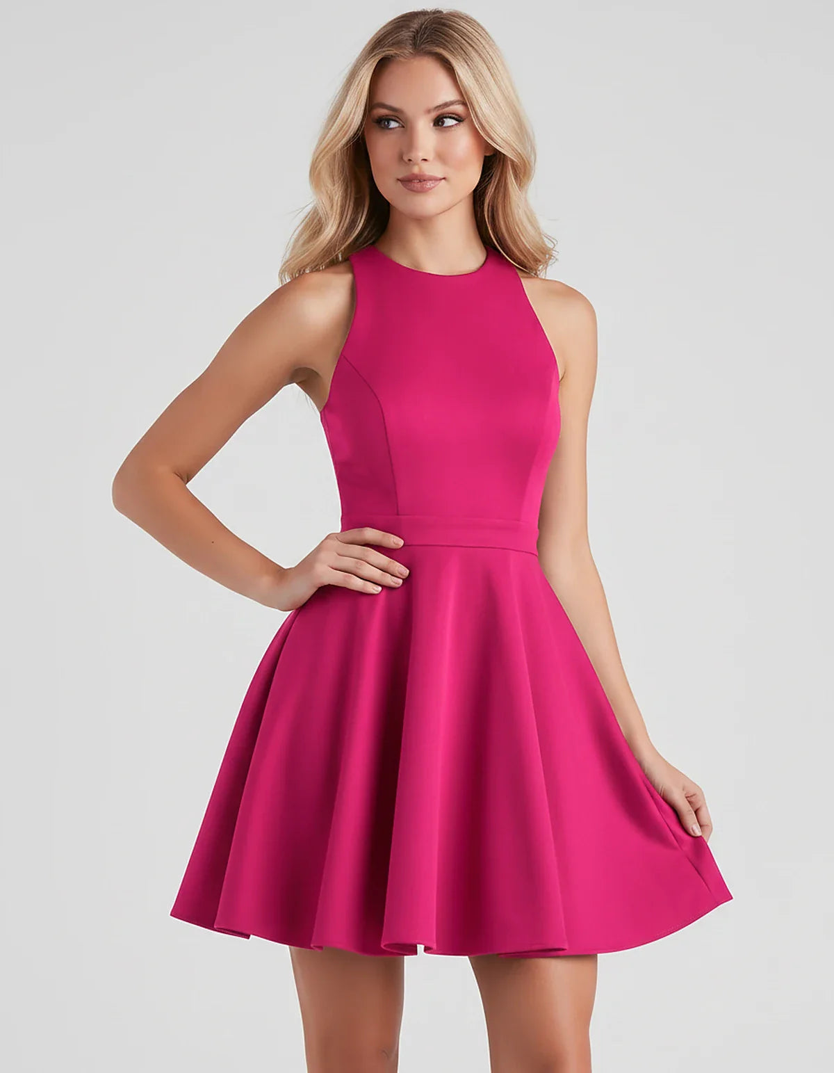 Satin Sleeveless High Neck Fit and Flare Mini Dress with Open Back Bow for Homecoming, Party, Cocktail, Graduation & Wedding | SKU: VMD-583920174615284-HOTPINK-L,VMD-583920174615284-HOTPINK-M,VMD-583920174615284-HOTPINK-S,VMD-583920174615284-HOTPINK-XL,VMD-583920174615284-HOTPINK-XS