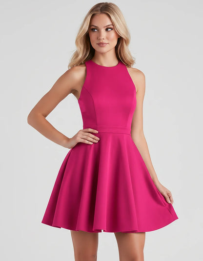 Satin Sleeveless High Neck Fit and Flare Mini Dress with Open Back Bow for Homecoming, Party, Cocktail, Graduation & Wedding | SKU: VMD-583920174615284-HOTPINK-L,VMD-583920174615284-HOTPINK-M,VMD-583920174615284-HOTPINK-S,VMD-583920174615284-HOTPINK-XL,VMD-583920174615284-HOTPINK-XS