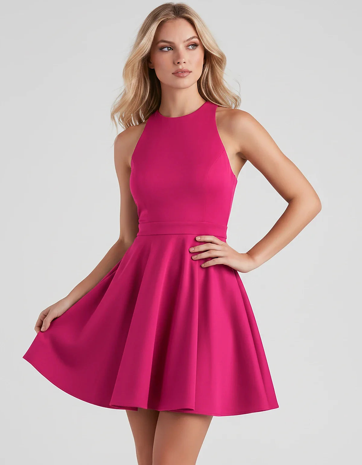 Satin Sleeveless High Neck Fit and Flare Mini Dress with Open Back Bow for Homecoming, Party, Cocktail, Graduation & Wedding | SKU: VMD-583920174615284-HOTPINK-L,VMD-583920174615284-HOTPINK-M,VMD-583920174615284-HOTPINK-S,VMD-583920174615284-HOTPINK-XL,VMD-583920174615284-HOTPINK-XS