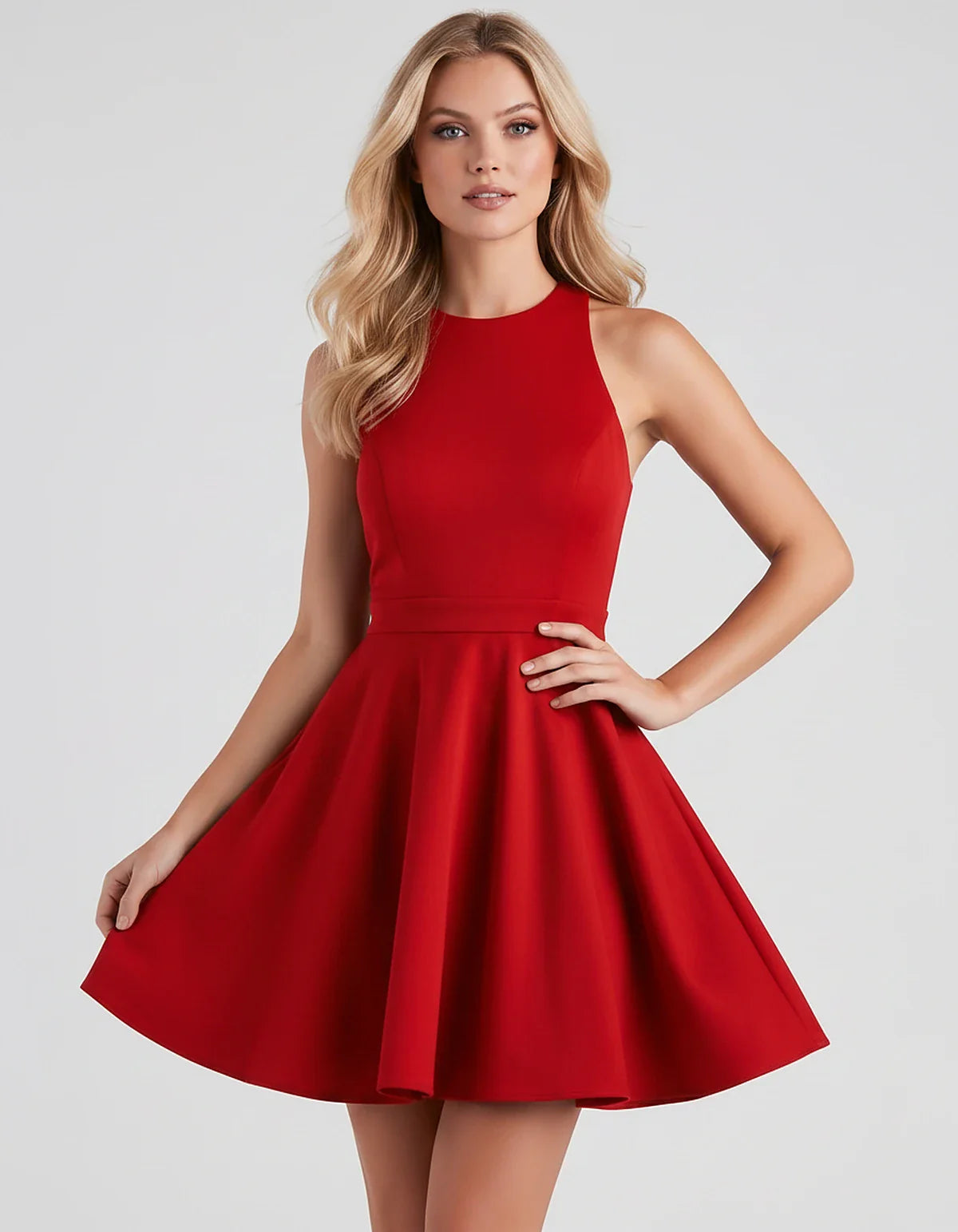 Satin Sleeveless High Neck Fit and Flare Mini Dress with Open Back Bow for Homecoming, Party, Cocktail, Graduation & Wedding | SKU: VMD-583920174615284-RED-L,VMD-583920174615284-RED-M,VMD-583920174615284-RED-S,VMD-583920174615284-RED-XL,VMD-583920174615284-RED-XS