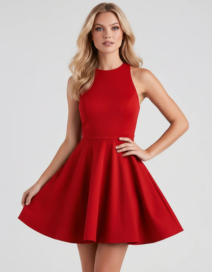 Satin Sleeveless High Neck Fit and Flare Mini Dress with Open Back Bow for Homecoming, Party, Cocktail, Graduation & Wedding | SKU: VMD-583920174615284-RED-L,VMD-583920174615284-RED-M,VMD-583920174615284-RED-S,VMD-583920174615284-RED-XL,VMD-583920174615284-RED-XS