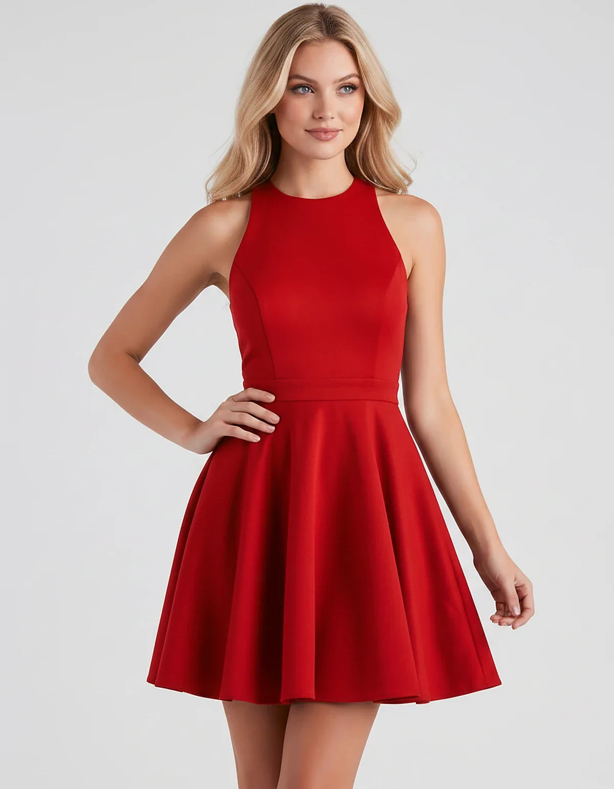 Satin Sleeveless High Neck Fit and Flare Mini Dress with Open Back Bow for Homecoming, Party, Cocktail, Graduation & Wedding | SKU: VMD-583920174615284-RED-L,VMD-583920174615284-RED-M,VMD-583920174615284-RED-S,VMD-583920174615284-RED-XL,VMD-583920174615284-RED-XS