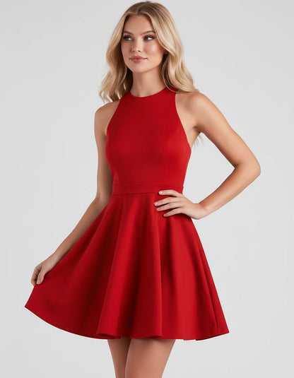 Satin Sleeveless High Neck Fit and Flare Mini Dress with Open Back Bow for Homecoming, Party, Cocktail, Graduation & Wedding | SKU: VMD-583920174615284-RED-L,VMD-583920174615284-RED-M,VMD-583920174615284-RED-S,VMD-583920174615284-RED-XL,VMD-583920174615284-RED-XS