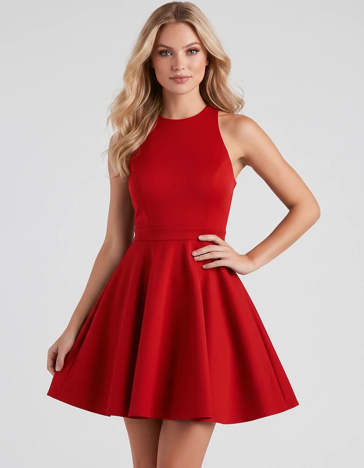 Satin Sleeveless High Neck Fit and Flare Mini Dress with Open Back Bow for Homecoming, Party, Cocktail, Graduation & Wedding | SKU: VMD-583920174615284-RED-L,VMD-583920174615284-RED-M,VMD-583920174615284-RED-S,VMD-583920174615284-RED-XL,VMD-583920174615284-RED-XS
