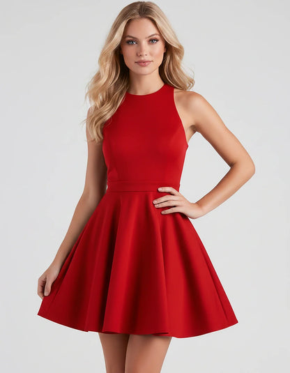 Satin Sleeveless High Neck Fit and Flare Mini Dress with Open Back Bow for Homecoming, Party, Cocktail, Graduation & Wedding | SKU: VMD-583920174615284-RED-L,VMD-583920174615284-RED-M,VMD-583920174615284-RED-S,VMD-583920174615284-RED-XL,VMD-583920174615284-RED-XS