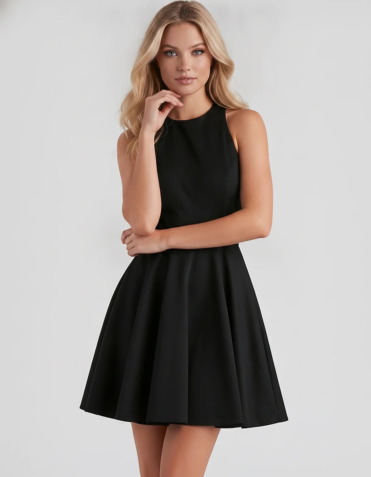Satin Sleeveless High Neck Fit and Flare Mini Dress with Open Back Bow for Homecoming, Party, Cocktail, Graduation & Wedding | SKU: VMD-583920174615284-BLACK-L,VMD-583920174615284-BLACK-M,VMD-583920174615284-BLACK-S,VMD-583920174615284-BLACK-XL,VMD-583920174615284-BLACK-XS