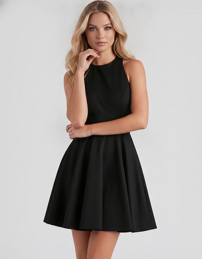 Satin Sleeveless High Neck Fit and Flare Mini Dress with Open Back Bow for Homecoming, Party, Cocktail, Graduation & Wedding | SKU: VMD-583920174615284-BLACK-L,VMD-583920174615284-BLACK-M,VMD-583920174615284-BLACK-S,VMD-583920174615284-BLACK-XL,VMD-583920174615284-BLACK-XS