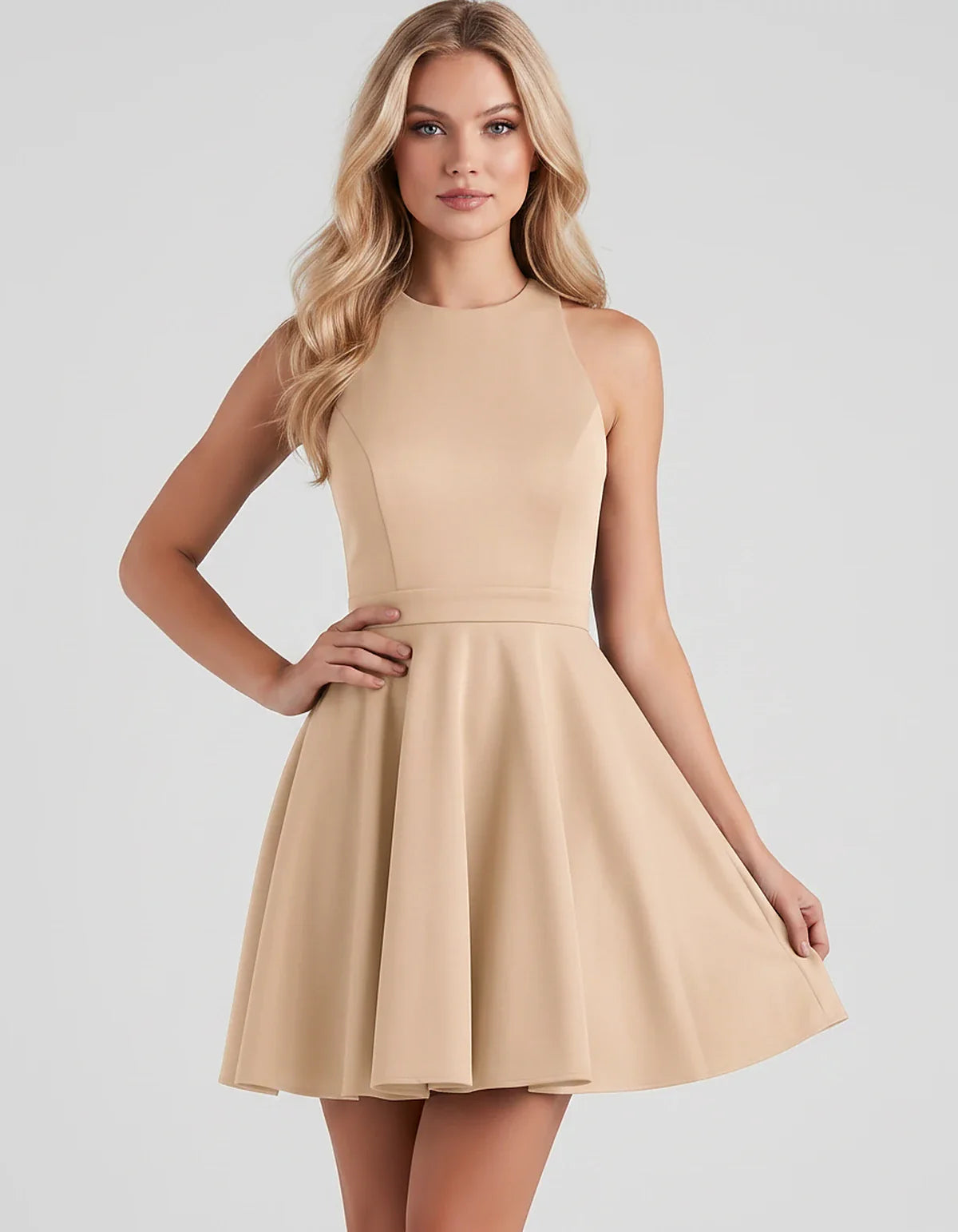 Satin Sleeveless High Neck Fit and Flare Mini Dress with Open Back Bow for Homecoming, Party, Cocktail, Graduation & Wedding | SKU: VMD-583920174615284-CHAMPAGNE-L,VMD-583920174615284-CHAMPAGNE-M,VMD-583920174615284-CHAMPAGNE-S,VMD-583920174615284-CHAMPAGNE-XL,VMD-583920174615284-CHAMPAGNE-XS