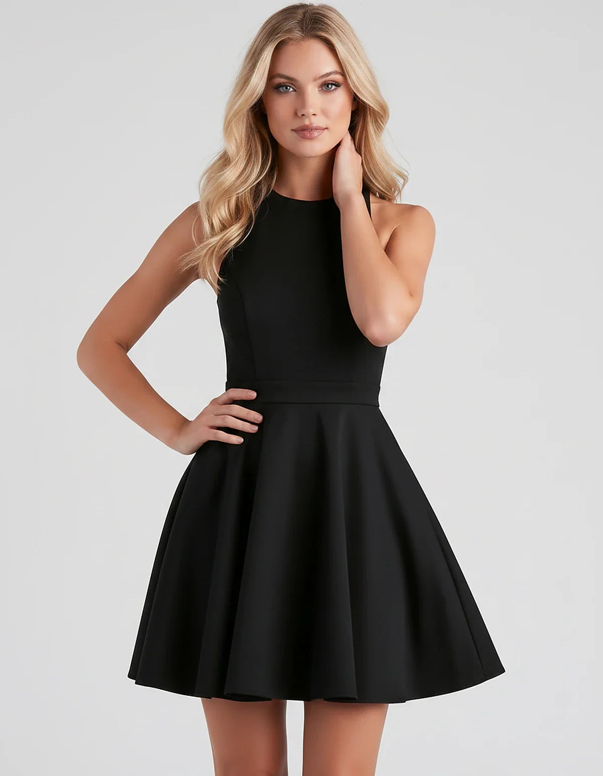 Satin Sleeveless High Neck Fit and Flare Mini Dress with Open Back Bow for Homecoming, Party, Cocktail, Graduation & Wedding | SKU: VMD-583920174615284-BLACK-L,VMD-583920174615284-BLACK-M,VMD-583920174615284-BLACK-S,VMD-583920174615284-BLACK-XL,VMD-583920174615284-BLACK-XS