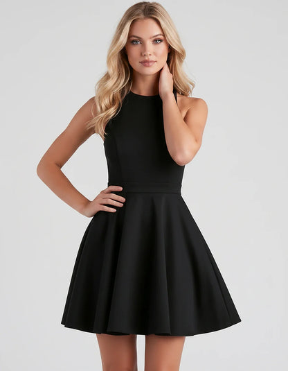 Satin Sleeveless High Neck Fit and Flare Mini Dress with Open Back Bow for Homecoming, Party, Cocktail, Graduation & Wedding | SKU: VMD-583920174615284-BLACK-L,VMD-583920174615284-BLACK-M,VMD-583920174615284-BLACK-S,VMD-583920174615284-BLACK-XL,VMD-583920174615284-BLACK-XS