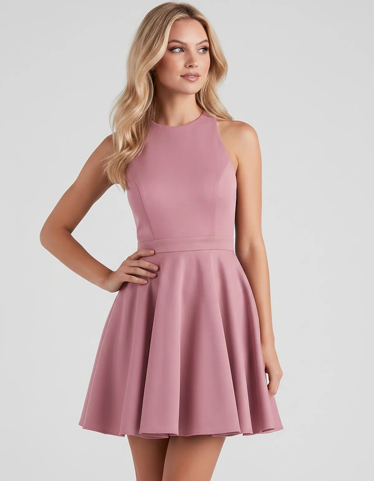 Satin Sleeveless High Neck Fit and Flare Mini Dress with Open Back Bow for Homecoming, Party, Cocktail, Graduation & Wedding | SKU: VMD-583920174615284-DUSTYROSE-L,VMD-583920174615284-DUSTYROSE-M,VMD-583920174615284-DUSTYROSE-S,VMD-583920174615284-DUSTYROSE-XL,VMD-583920174615284-DUSTYROSE-XS