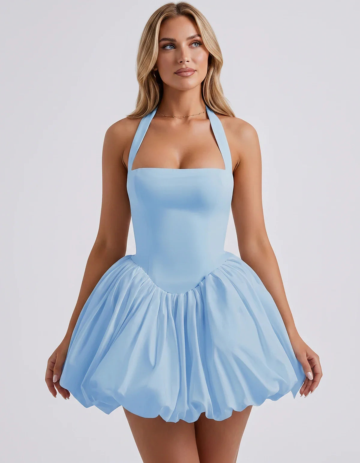 Satin Halter Square Neck Corset Bubble Hem Mini Dress for Party, Cocktail, Evening, Homecoming, Summer & Wedding Guest Events | SKU: VMD-583920174615382-BLUE-L,VMD-583920174615382-BLUE-M,VMD-583920174615382-BLUE-S,VMD-583920174615382-BLUE-XL,VMD-583920174615382-BLUE-XS