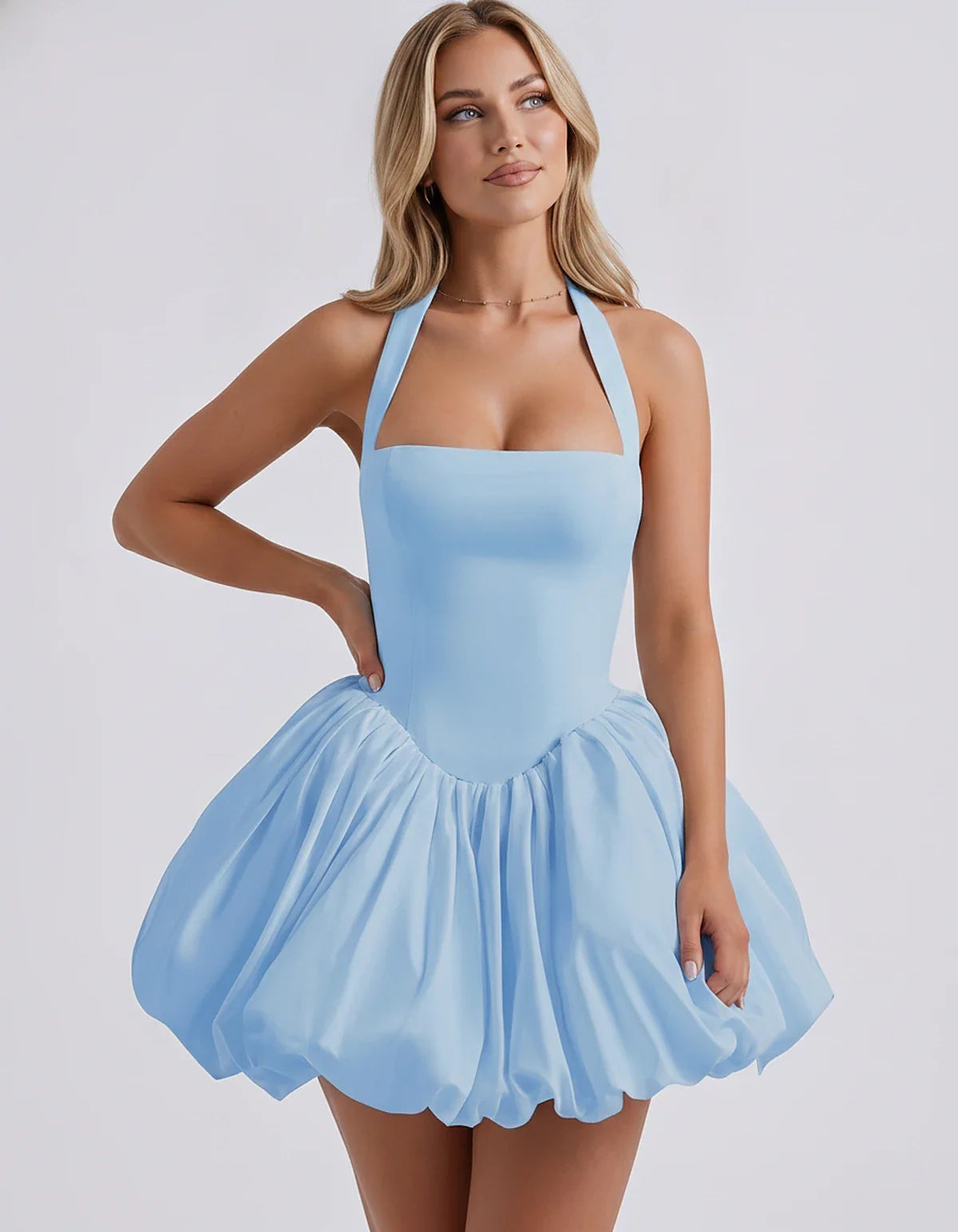 Satin Halter Square Neck Corset Bubble Hem Mini Dress for Party, Cocktail, Evening, Homecoming, Summer & Wedding Guest Events | SKU: VMD-583920174615382-BLUE-L,VMD-583920174615382-BLUE-M,VMD-583920174615382-BLUE-S,VMD-583920174615382-BLUE-XL,VMD-583920174615382-BLUE-XS