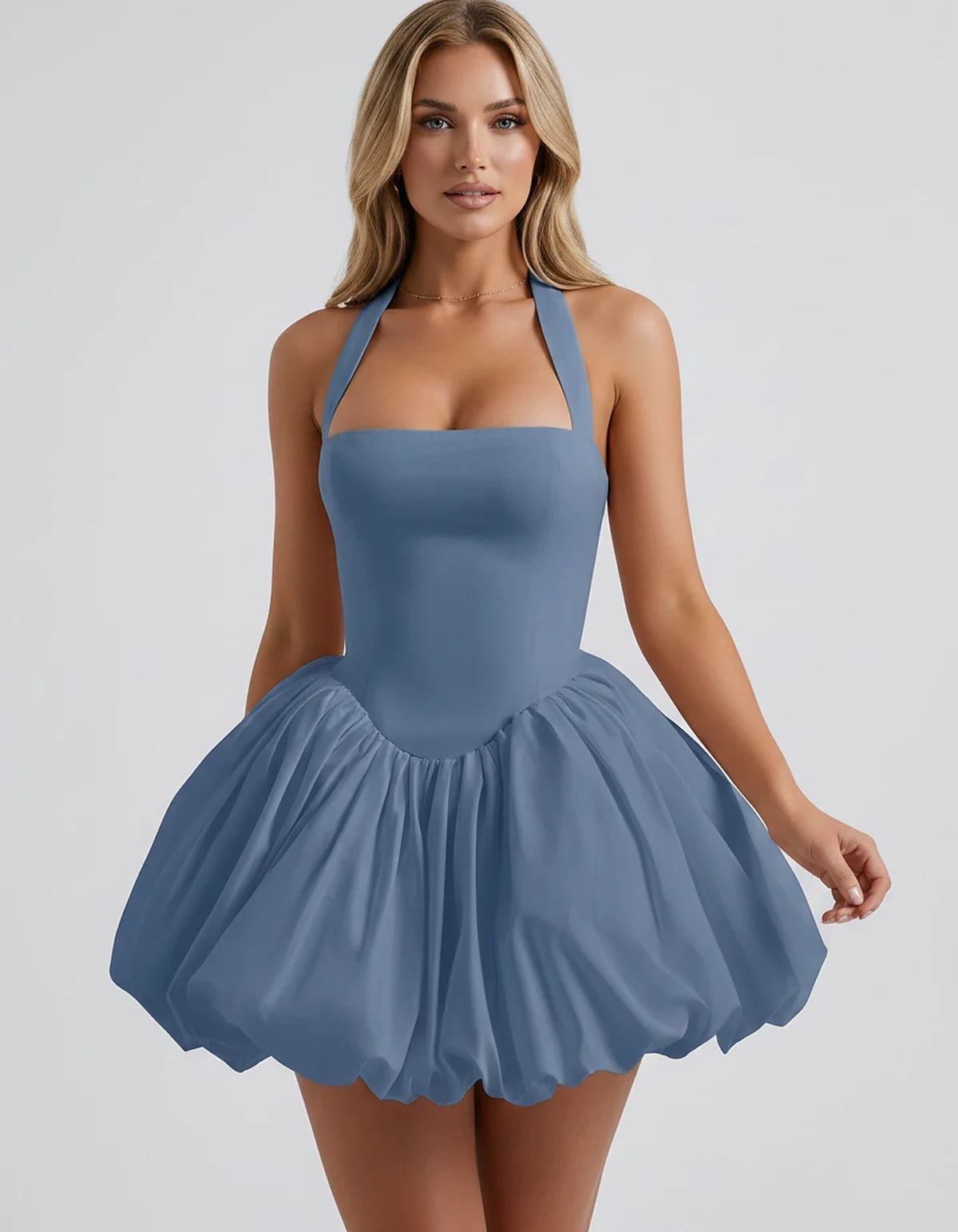 Satin Halter Square Neck Corset Bubble Hem Mini Dress for Party, Cocktail, Evening, Homecoming, Summer & Wedding Guest Events | SKU: VMD-583920174615382-DUSTYBLUE-L,VMD-583920174615382-DUSTYBLUE-M,VMD-583920174615382-DUSTYBLUE-S,VMD-583920174615382-DUSTYBLUE-XL,VMD-583920174615382-DUSTYBLUE-XS