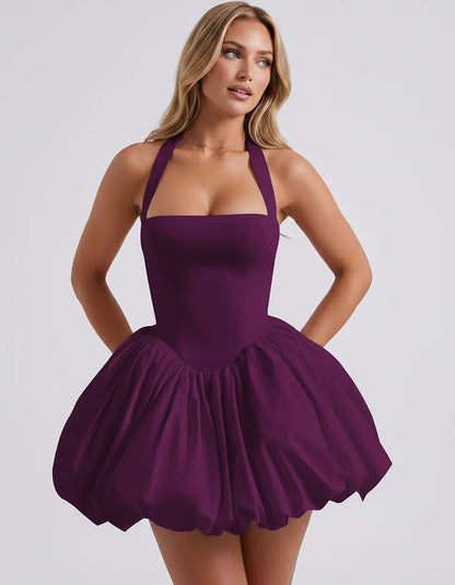 Satin Halter Square Neck Corset Bubble Hem Mini Dress for Party, Cocktail, Evening, Homecoming, Summer & Wedding Guest Events | SKU: VMD-583920174615382-PLUM-L,VMD-583920174615382-PLUM-M,VMD-583920174615382-PLUM-S,VMD-583920174615382-PLUM-XL,VMD-583920174615382-PLUM-XS