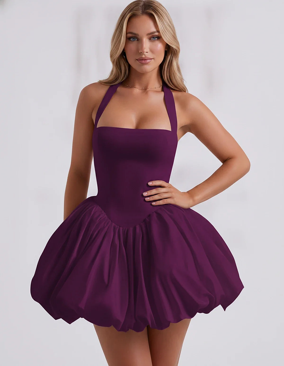 Satin Halter Square Neck Corset Bubble Hem Mini Dress for Party, Cocktail, Evening, Homecoming, Summer & Wedding Guest Events | SKU: VMD-583920174615382-PLUM-L,VMD-583920174615382-PLUM-M,VMD-583920174615382-PLUM-S,VMD-583920174615382-PLUM-XL,VMD-583920174615382-PLUM-XS