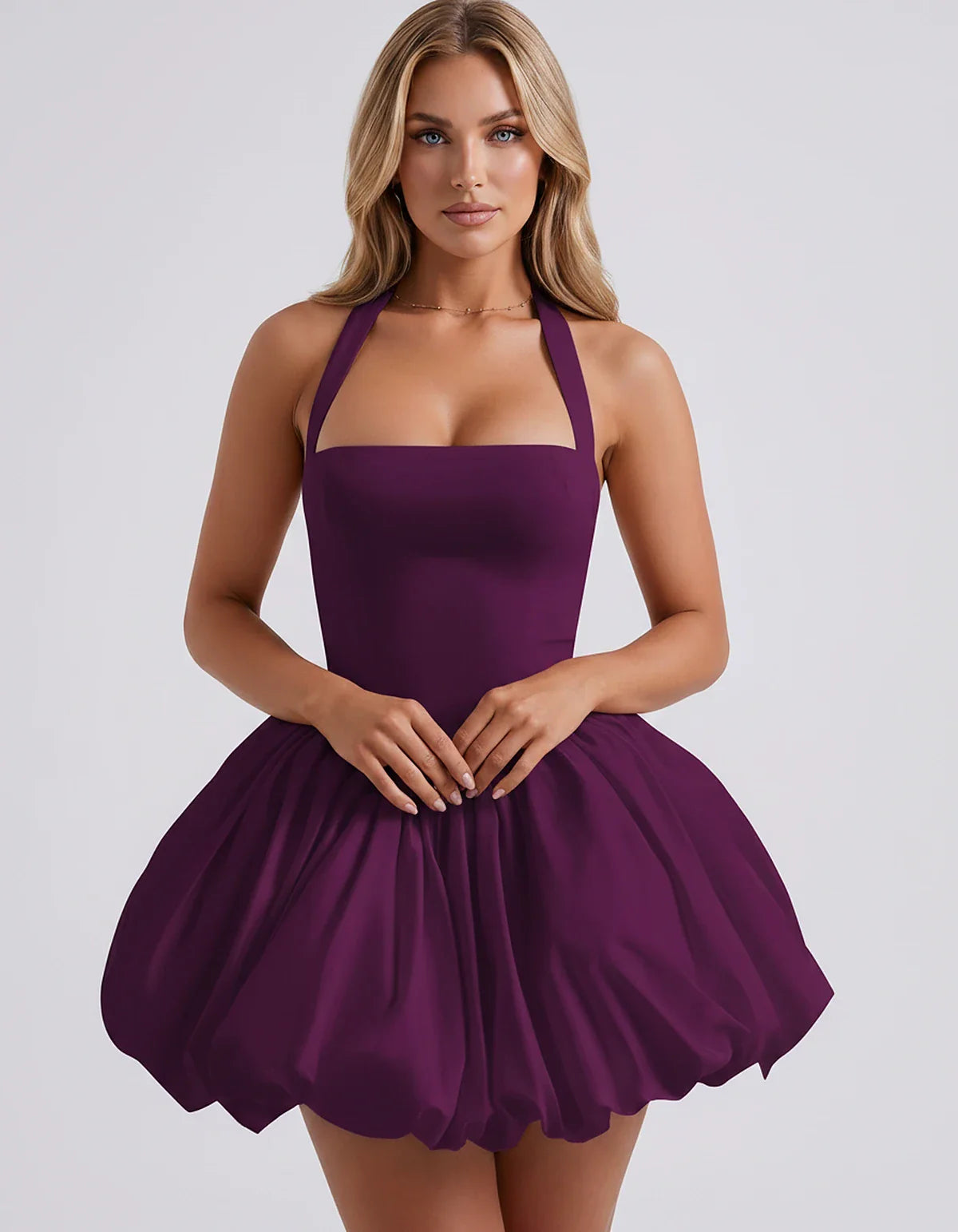 Satin Halter Square Neck Corset Bubble Hem Mini Dress for Party, Cocktail, Evening, Homecoming, Summer & Wedding Guest Events | SKU: VMD-583920174615382-PLUM-L,VMD-583920174615382-PLUM-M,VMD-583920174615382-PLUM-S,VMD-583920174615382-PLUM-XL,VMD-583920174615382-PLUM-XS