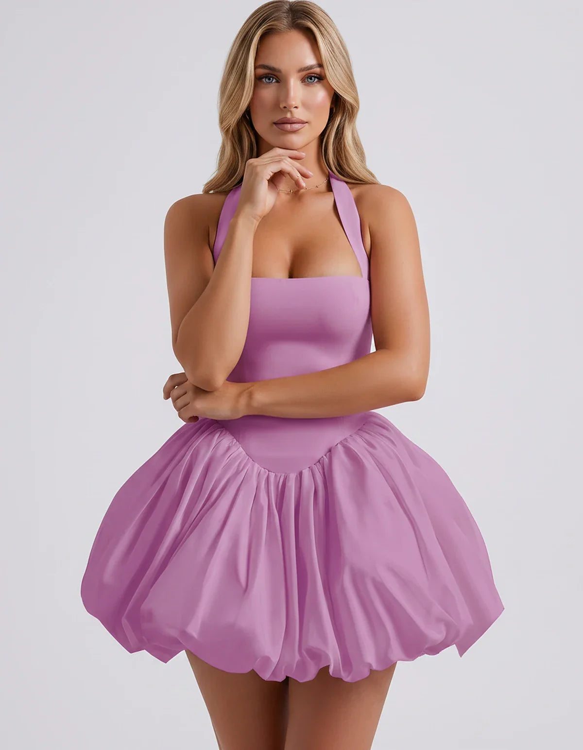 Satin Halter Square Neck Corset Bubble Hem Mini Dress for Party, Cocktail, Evening, Homecoming, Summer & Wedding Guest Events | SKU: VMD-583920174615382-LILAC-L,VMD-583920174615382-LILAC-M,VMD-583920174615382-LILAC-S,VMD-583920174615382-LILAC-XL,VMD-583920174615382-LILAC-XS