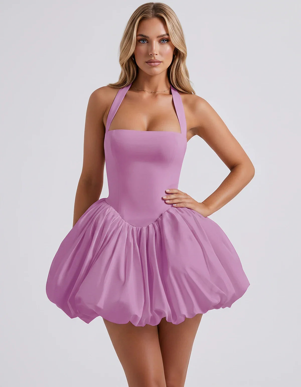 Satin Halter Square Neck Corset Bubble Hem Mini Dress for Party, Cocktail, Evening, Homecoming, Summer & Wedding Guest Events | SKU: VMD-583920174615382-LILAC-L,VMD-583920174615382-LILAC-M,VMD-583920174615382-LILAC-S,VMD-583920174615382-LILAC-XL,VMD-583920174615382-LILAC-XS