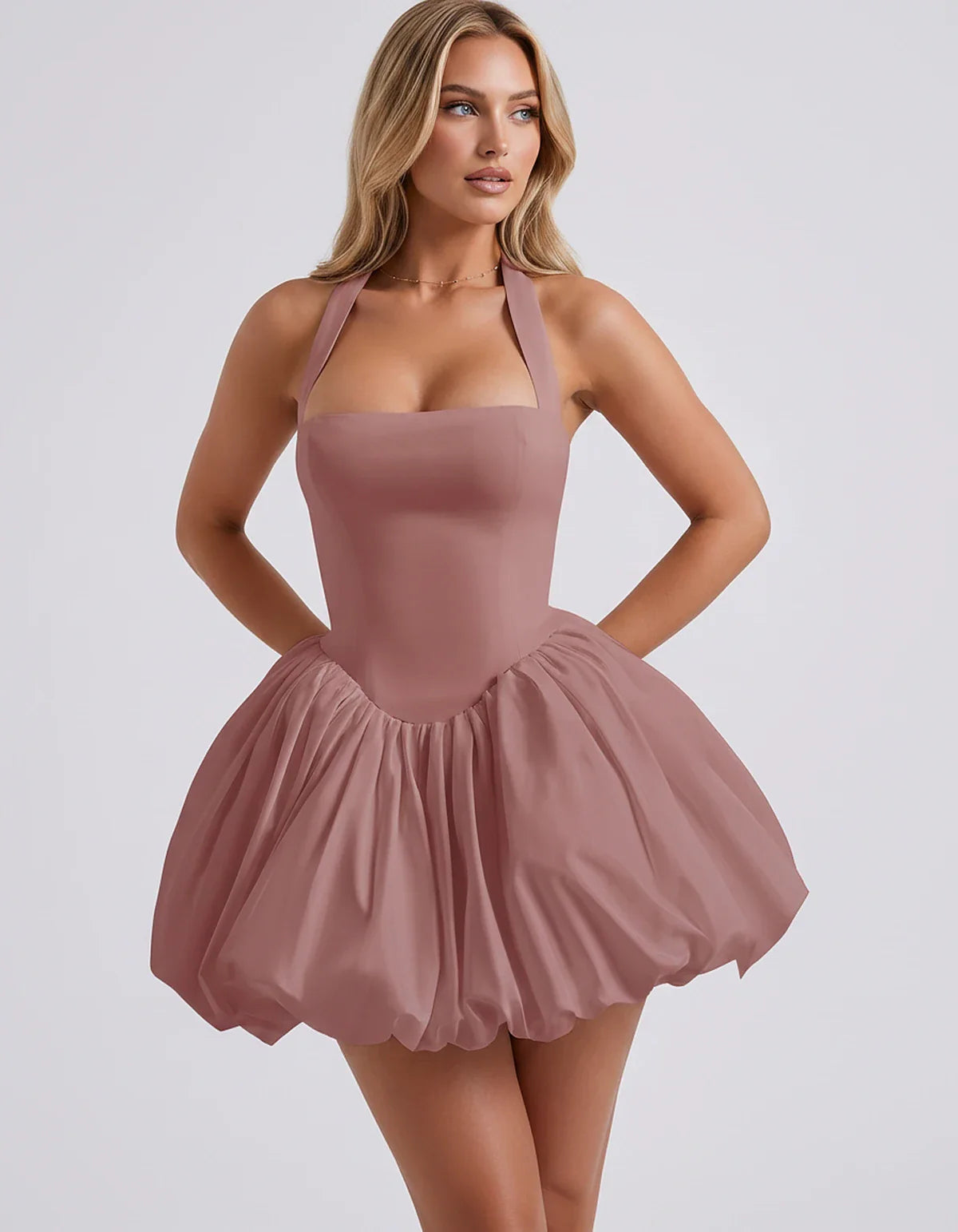 Satin Halter Square Neck Corset Bubble Hem Mini Dress for Party, Cocktail, Evening, Homecoming, Summer & Wedding Guest Events | SKU: VMD-583920174615382-ROSEGOLD-L,VMD-583920174615382-ROSEGOLD-M,VMD-583920174615382-ROSEGOLD-S,VMD-583920174615382-ROSEGOLD-XL,VMD-583920174615382-ROSEGOLD-XS