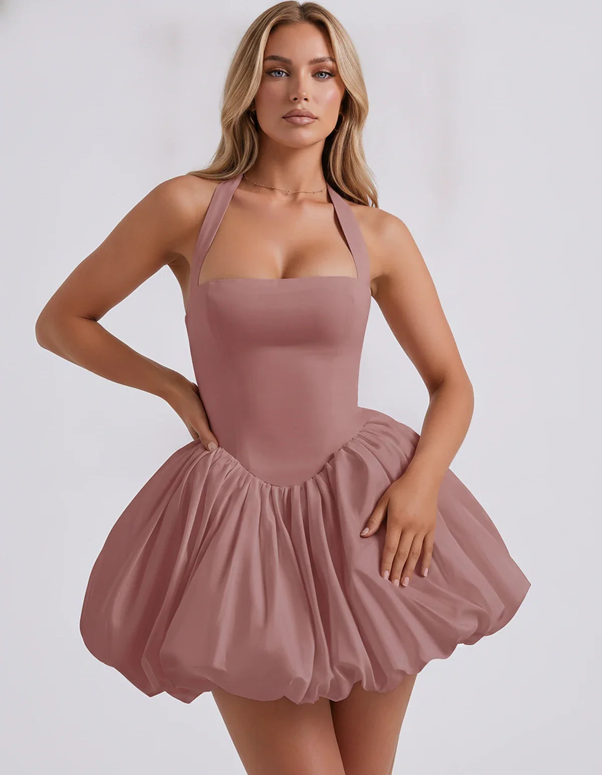Satin Halter Square Neck Corset Bubble Hem Mini Dress for Party, Cocktail, Evening, Homecoming, Summer & Wedding Guest Events | SKU: VMD-583920174615382-ROSEGOLD-L,VMD-583920174615382-ROSEGOLD-M,VMD-583920174615382-ROSEGOLD-S,VMD-583920174615382-ROSEGOLD-XL,VMD-583920174615382-ROSEGOLD-XS