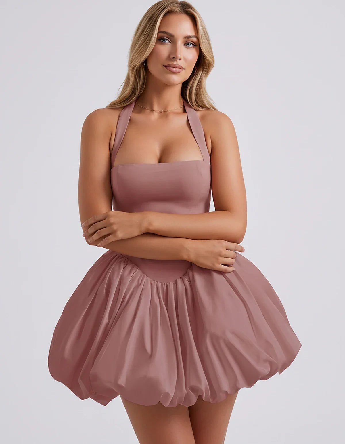 Satin Halter Square Neck Corset Bubble Hem Mini Dress for Party, Cocktail, Evening, Homecoming, Summer & Wedding Guest Events | SKU: VMD-583920174615382-ROSEGOLD-L,VMD-583920174615382-ROSEGOLD-M,VMD-583920174615382-ROSEGOLD-S,VMD-583920174615382-ROSEGOLD-XL,VMD-583920174615382-ROSEGOLD-XS