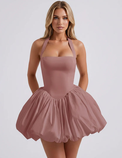 Satin Halter Square Neck Corset Bubble Hem Mini Dress for Party, Cocktail, Evening, Homecoming, Summer & Wedding Guest Events | SKU: VMD-583920174615382-ROSEGOLD-L,VMD-583920174615382-ROSEGOLD-M,VMD-583920174615382-ROSEGOLD-S,VMD-583920174615382-ROSEGOLD-XL,VMD-583920174615382-ROSEGOLD-XS