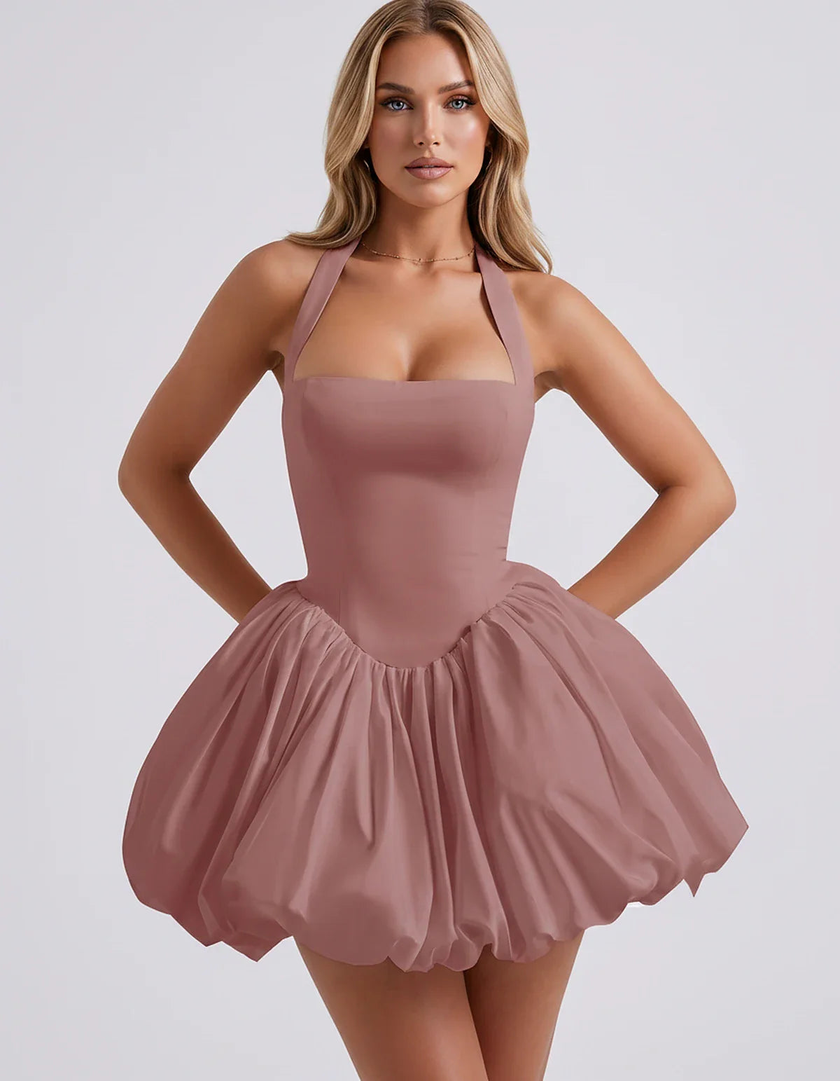 Satin Halter Square Neck Corset Bubble Hem Mini Dress for Party, Cocktail, Evening, Homecoming, Summer & Wedding Guest Events | SKU: VMD-583920174615382-ROSEGOLD-L,VMD-583920174615382-ROSEGOLD-M,VMD-583920174615382-ROSEGOLD-S,VMD-583920174615382-ROSEGOLD-XL,VMD-583920174615382-ROSEGOLD-XS