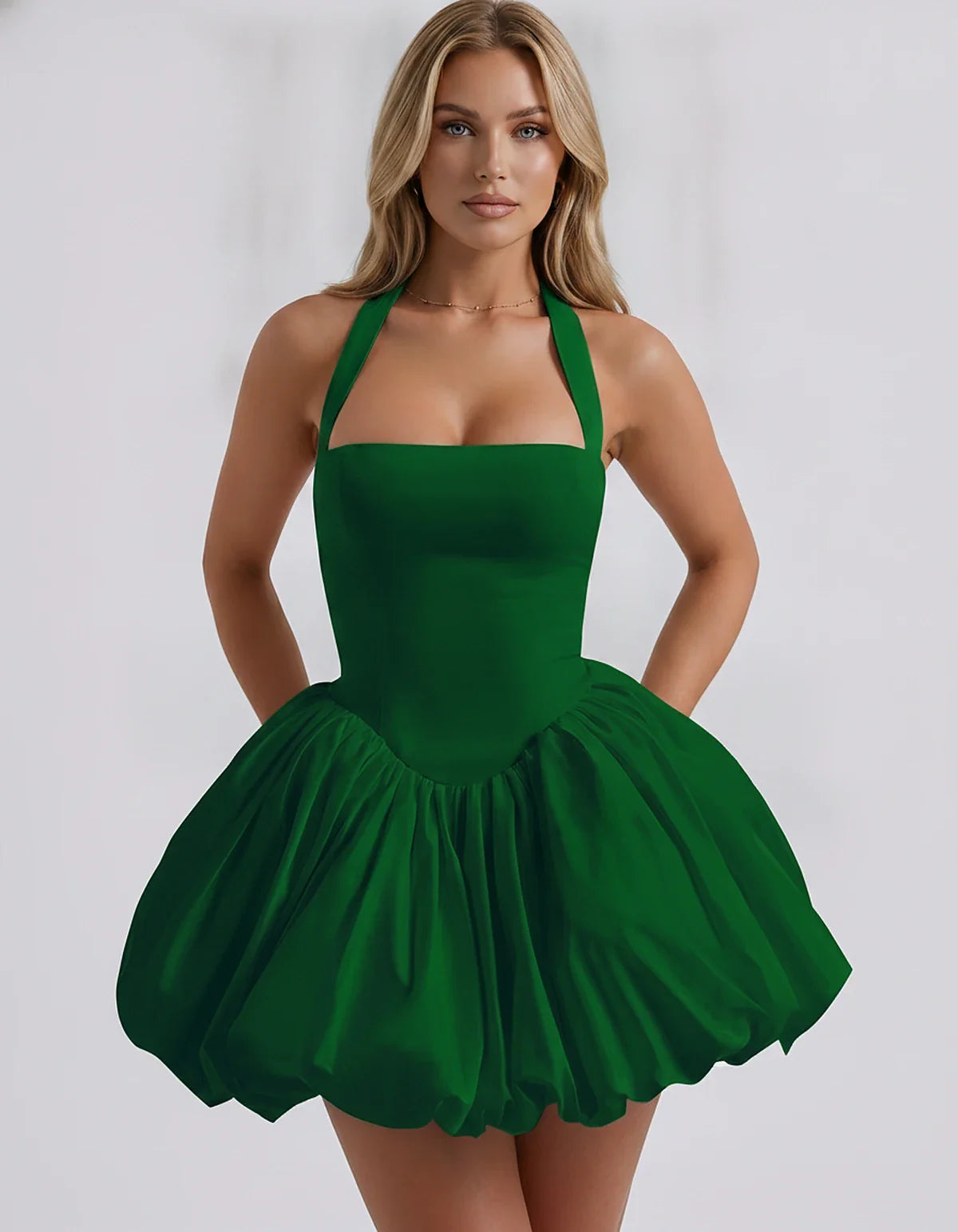Satin Halter Square Neck Corset Bubble Hem Mini Dress for Party, Cocktail, Evening, Homecoming, Summer & Wedding Guest Events | SKU: VMD-583920174615382-EMERALD-L,VMD-583920174615382-EMERALD-M,VMD-583920174615382-EMERALD-S,VMD-583920174615382-EMERALD-XL,VMD-583920174615382-EMERALD-XS