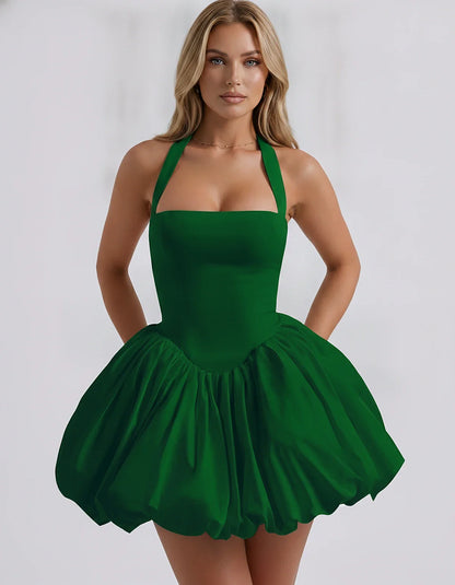 Satin Halter Square Neck Corset Bubble Hem Mini Dress for Party, Cocktail, Evening, Homecoming, Summer & Wedding Guest Events | SKU: VMD-583920174615382-EMERALD-L,VMD-583920174615382-EMERALD-M,VMD-583920174615382-EMERALD-S,VMD-583920174615382-EMERALD-XL,VMD-583920174615382-EMERALD-XS