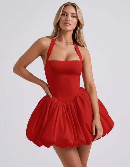 Satin Halter Square Neck Corset Bubble Hem Mini Dress for Party, Cocktail, Evening, Homecoming, Summer & Wedding Guest Events | SKU: VMD-583920174615382-RED-L,VMD-583920174615382-RED-M,VMD-583920174615382-RED-S,VMD-583920174615382-RED-XL,VMD-583920174615382-RED-XS
